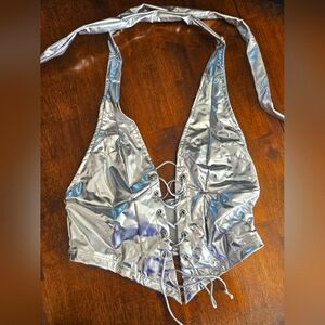 SHEIN Silver Lace-Up Halter Top